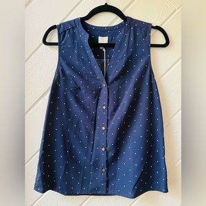 NWT! Navy Blue w/ White Polka Dot Button Down Blouse